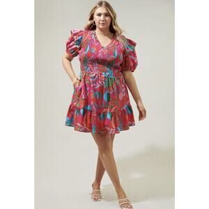 Sugarlips Cactus Blossom Floral Tiered Mini Dress Curve 3X‎ Ruffle Smocked Pink